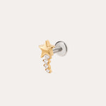 Introducing the Crystal Shooting Star Threadless Flat Back Titanium Cartilage Stud in Yellow Gold PVD—a sleek gold star earring featuring five small clear gemstones arranged in a graceful, descending curve. This dazzling piece is attached to a silver post and showcased on a simple light background, evoking the brilliance of a crystal shooting star.