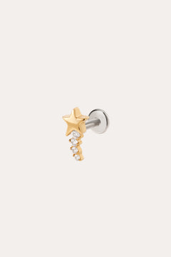 Introducing the Crystal Shooting Star Threadless Flat Back Titanium Cartilage Stud in Yellow Gold PVD—a sleek gold star earring featuring five small clear gemstones arranged in a graceful, descending curve. This dazzling piece is attached to a silver post and showcased on a simple light background, evoking the brilliance of a crystal shooting star.
