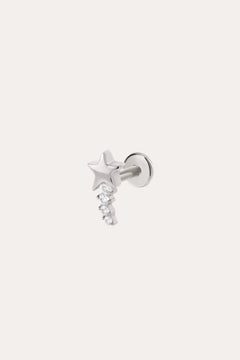 The Crystal Shooting Star Threadless Flat Back Titanium Cartilage Stud in Platinum features a star-shaped stud with three small, round, clear gemstones dangling below it. Shown against a plain white background, this platinum PVD earring offers both style and comfort with its threadless flat back design for your piercing.