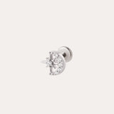 The Celestial Spark Threadless Flat Back Titanium Cartilage Stud in Platinum, featuring a crescent moon and star design accented with small clear gemstones, is shown against a plain light background. This stunning, hypoallergenic earring in platinum PVD ensures comfortable wear with its threadless flat back design.