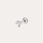 The Crystal Mushroom Threadless Flat Back Titanium Cartilage Stud in Platinum PVD features three clear gemstones in the cap and is hypoallergenic. This whimsical platinum earring is displayed on a plain white background.
