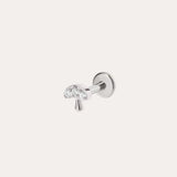 The Crystal Mushroom Threadless Flat Back Titanium Cartilage Stud in Platinum PVD features three clear gemstones in the cap and is hypoallergenic. This whimsical platinum earring is displayed on a plain white background.