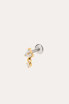 The Crystal Dangle Threadless Flat Back Titanium Cartilage Stud in Gold, shown in yellow gold PVD, features a sleek barbell design with a gold star charm and three small clear gemstones. A dangling cluster of gold and crystals adds sparkle, while the threadless flat back ensures comfortable wear. The earring is photographed against a plain white background, highlighting its elegant crystal dangle style.