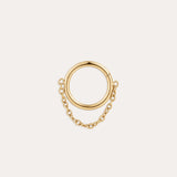 The Chain Clicker Titanium Ring in Gold showcases a hoop linked to a smaller hoop by a delicate yellow gold PVD chain, combining hypoallergenic elegance and displayed on a simple light background.