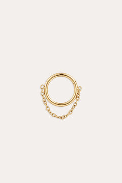 The Chain Clicker Titanium Ring in Gold showcases a hoop linked to a smaller hoop by a delicate yellow gold PVD chain, combining hypoallergenic elegance and displayed on a simple light background.