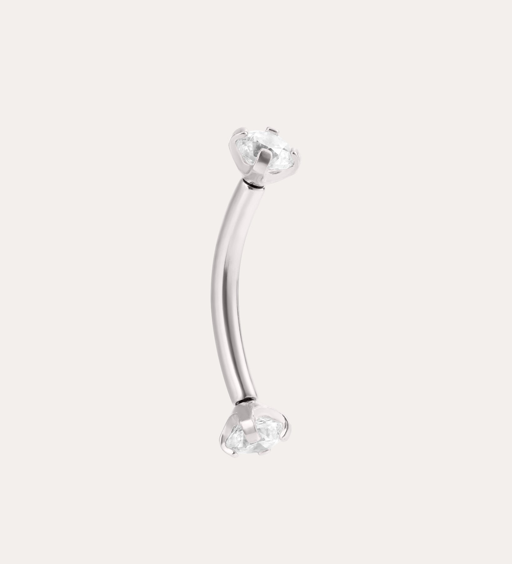 A curved Platinum PVD Crystal Titanium Rook Barbell with clear gem studs on both ends, shown against a plain light background.