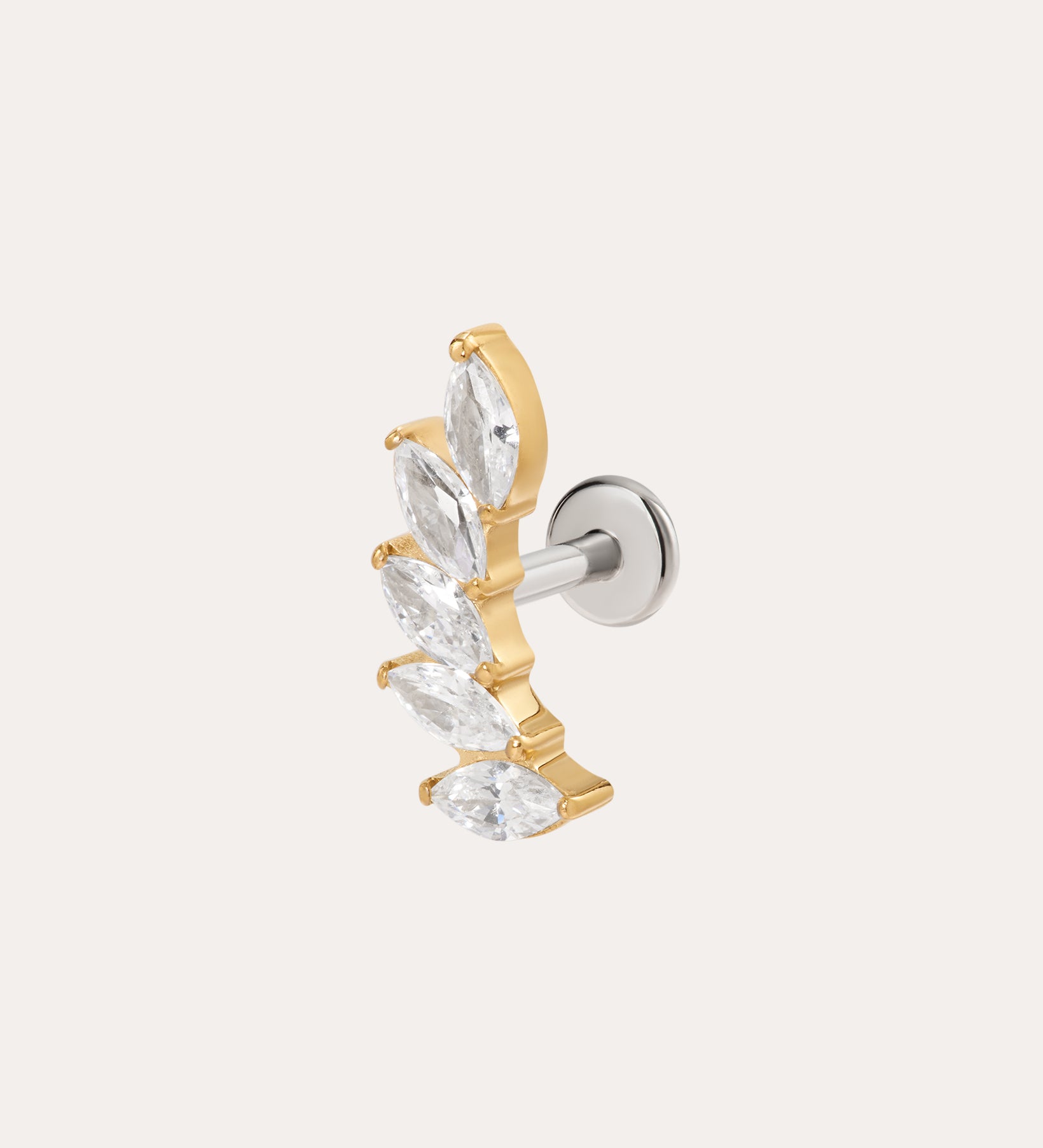 The Curved Marquise Threadless Flat Back Titanium Cartilage Stud in Yellow Gold PVD features five marquise-shaped clear gemstones in a leaf-like curve, hypoallergenic, and is shown against a plain light background.