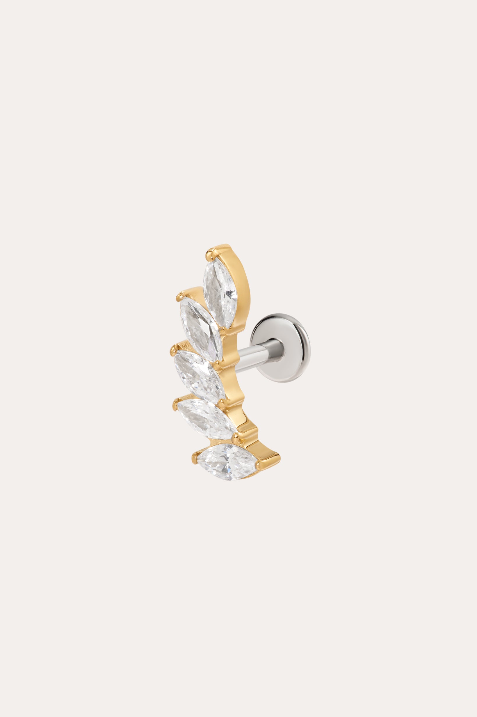 The Curved Marquise Threadless Flat Back Titanium Cartilage Stud in Yellow Gold PVD features five marquise-shaped clear gemstones in a leaf-like curve, hypoallergenic, and is shown against a plain light background.