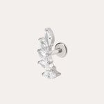 The Curved Marquise Threadless Flat Back Titanium Cartilage Stud in Platinum PVD features five marquise-cut clear gems in a curved line, ideal for helix piercings, and is shown on a plain light background.