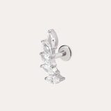 The Curved Marquise Threadless Flat Back Titanium Cartilage Stud in Platinum PVD features five marquise-cut clear gems in a curved line, ideal for helix piercings, and is shown on a plain light background.