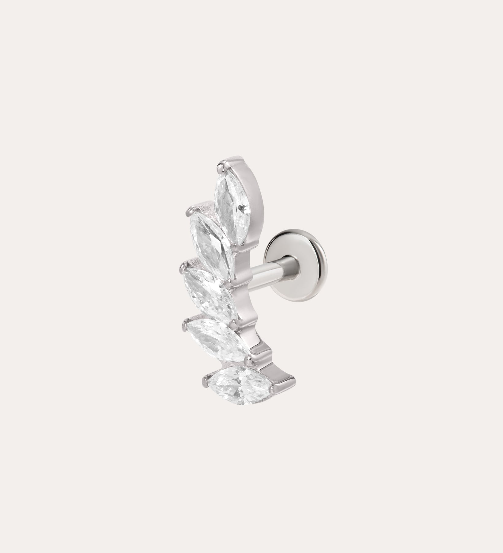 The Curved Marquise Threadless Flat Back Titanium Cartilage Stud in Platinum PVD features five marquise-cut clear gems in a curved line, ideal for helix piercings, and is shown on a plain light background.