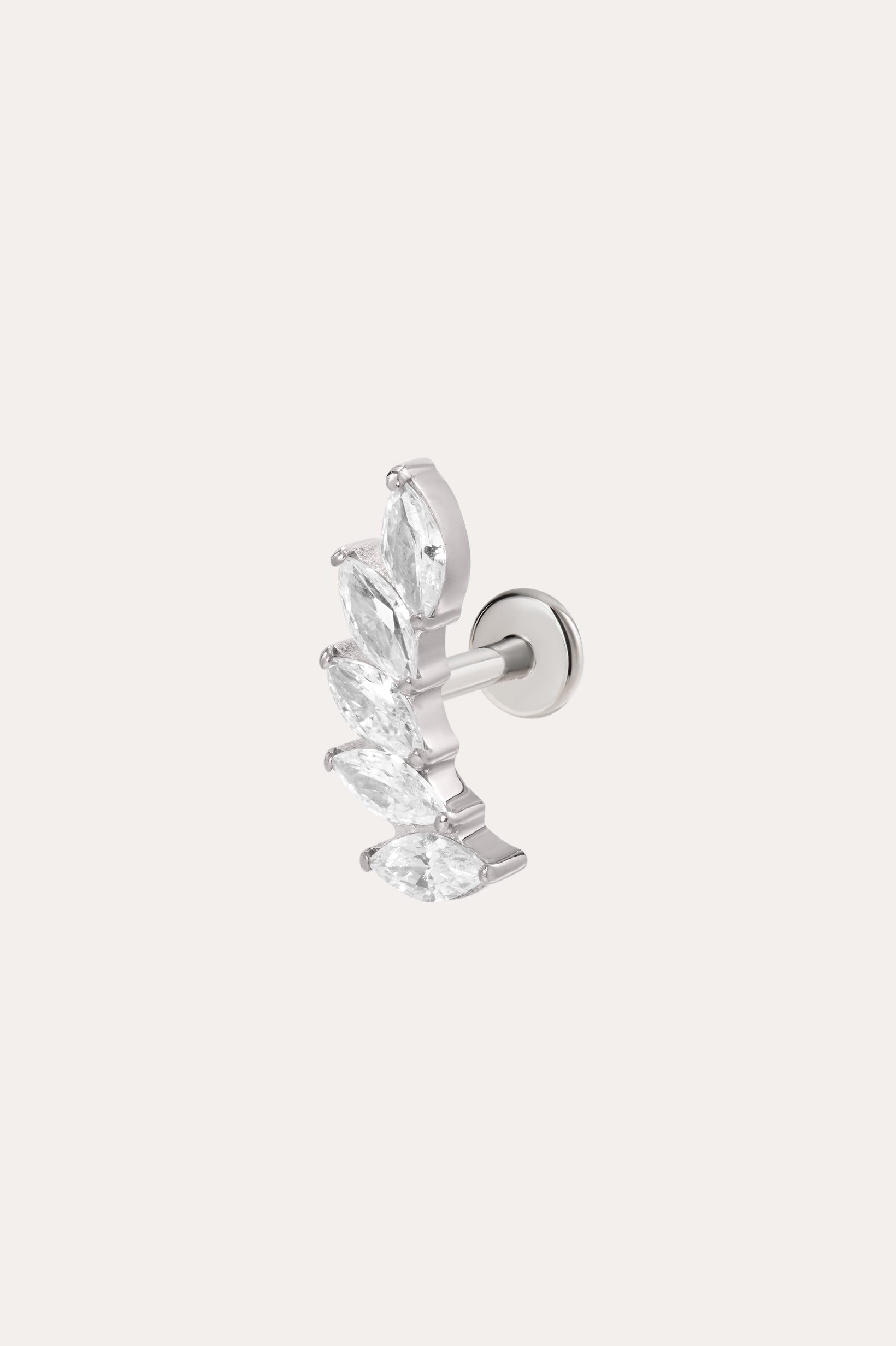 The Curved Marquise Threadless Flat Back Titanium Cartilage Stud in Platinum PVD features five marquise-cut clear gems in a curved line, ideal for helix piercings, and is shown on a plain light background.