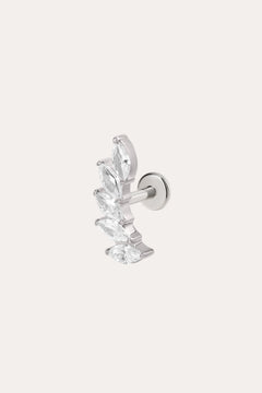 The Curved Marquise Threadless Flat Back Titanium Cartilage Stud in Platinum PVD features five marquise-cut clear gems in a curved line, ideal for helix piercings, and is shown on a plain light background.