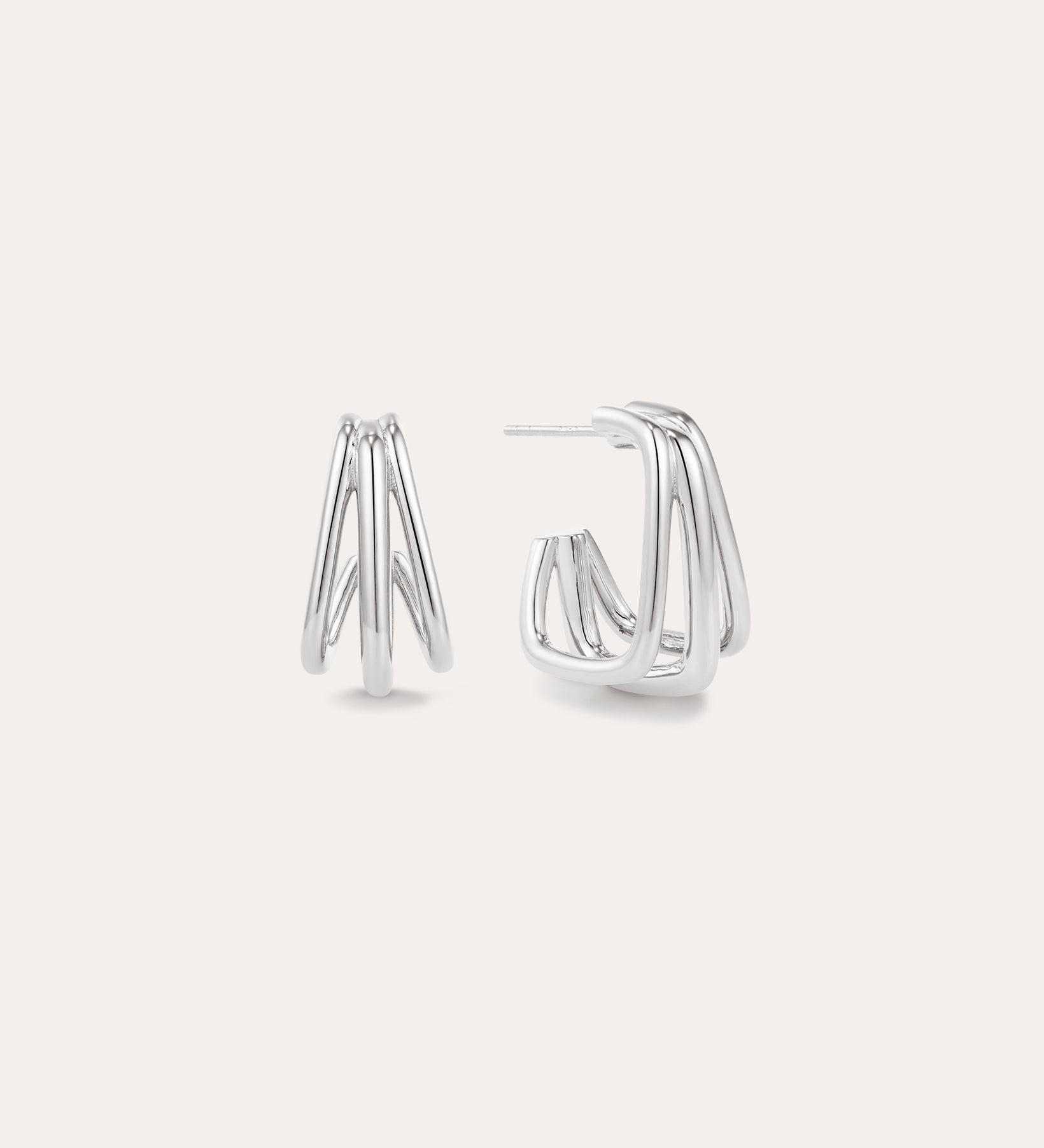 The Esther Square Hoop Stud Earrings in Silver feature a layered, open geometric design, shown upright and sideways against a simple light background.