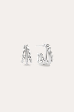 The Esther Square Hoop Stud Earrings in Silver feature a layered, open geometric design, shown upright and sideways against a simple light background.