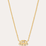 The Defender Evil Eye Necklace in Gold features an 18k gold-plated eye-shaped pendant with a central cubic zirconia and four dangling crystals, shown on a plain white background.