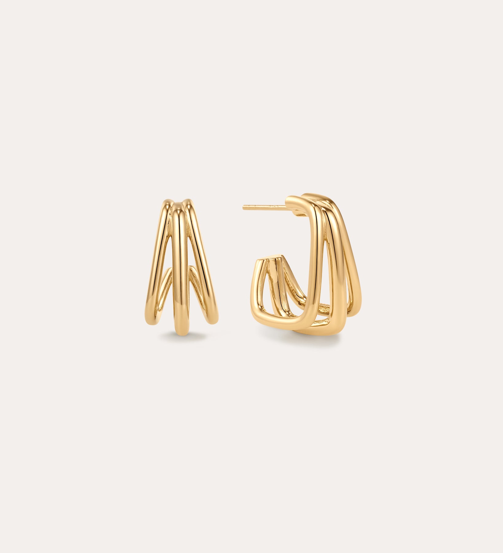 The Esther Square Hoop Stud Earrings in Gold feature a modern, triple-layered sculptural design, displayed on a plain light background—one earring shown from the front and the other from the side.