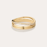 The Noor Pavé Triple Band Ring in Gold features three intertwined bands—one with pavé-set sparkling diamonds and two smooth, polished gold bands for a sophisticated look.