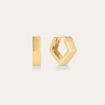 The Judith Hexagon Angular Huggies in Gold are 18k gold plated hoop earrings with a modern, angular design, shown against a light background—one earring is front-facing, the other highlights its side profile and clasp.