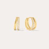 Kira Crystal Double Hoop Huggies in 18k Gold Plated, featuring a row of clear round crystals along the front, are displayed against a plain off-white background.