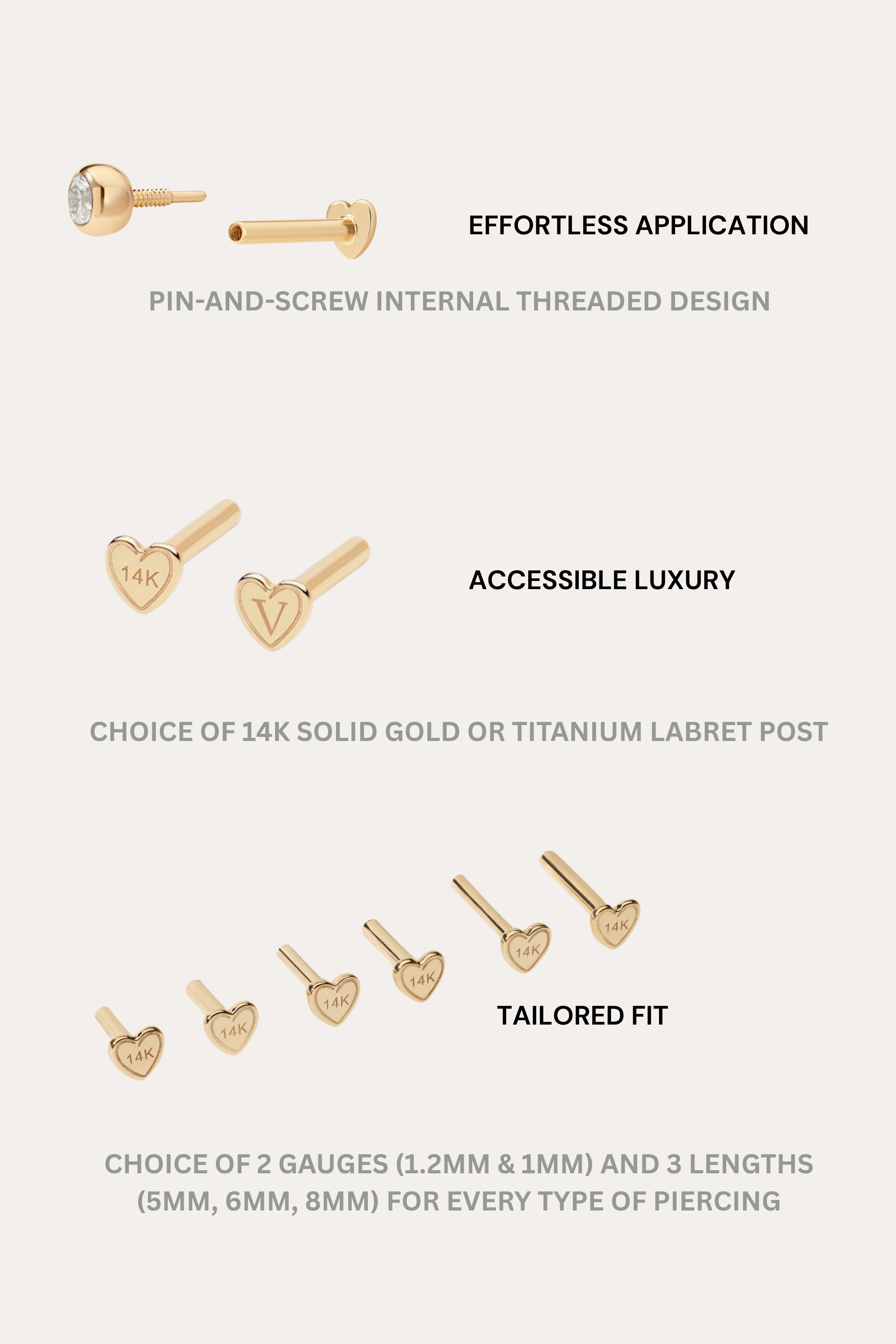 The 14K Solid Yellow Gold Snake Flat Back Stud features a pin-and-screw internal threaded design with a flat back, perfect for helix piercings, and is available in gauges of 1.2mm or 1mm and lengths of 5mm, 6mm, or 8mm.