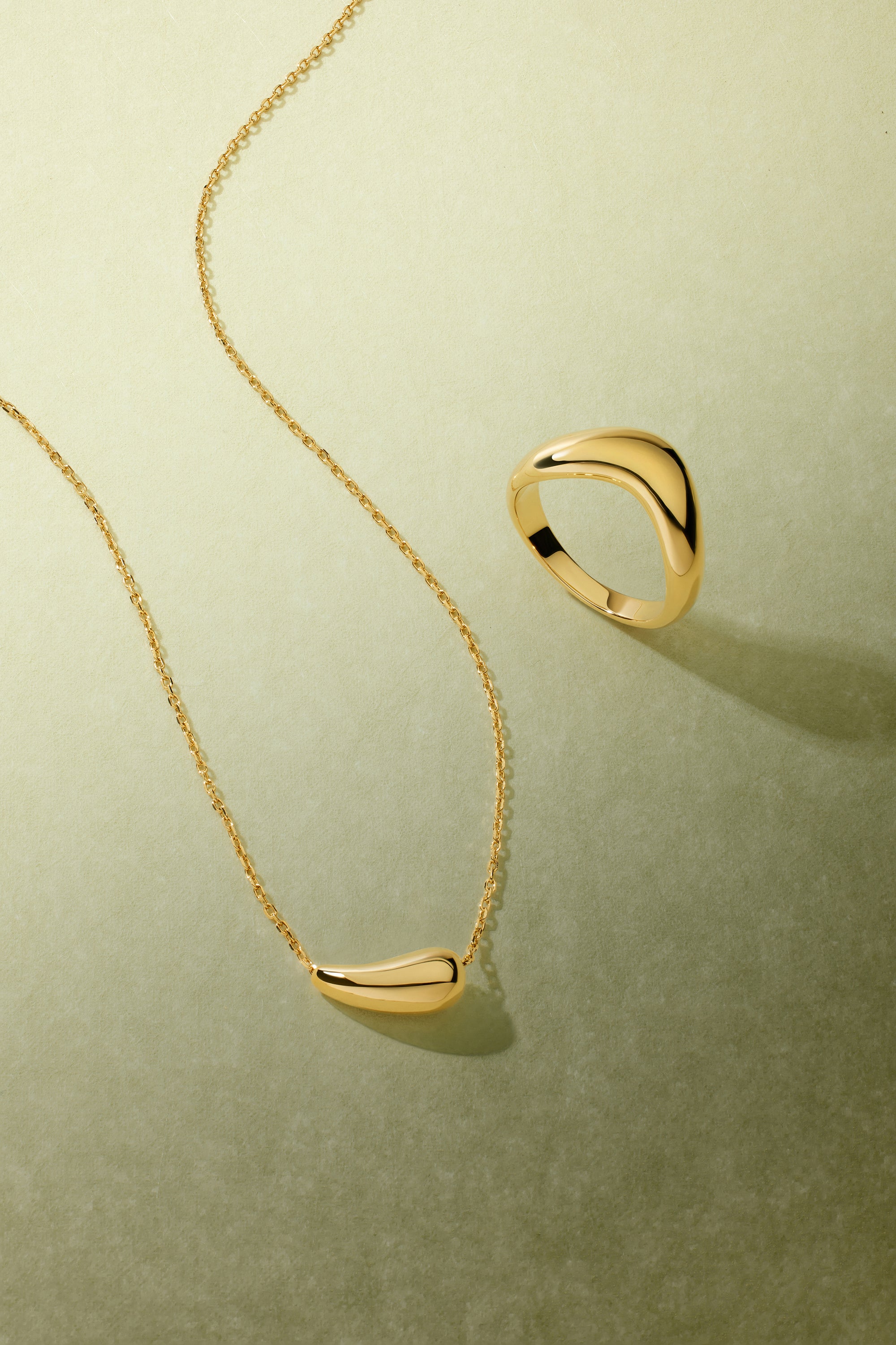 Gold necklace and ring on a light green background