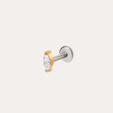 The Marquise Threadless Flat Back Titanium Cartilage Stud in Gold features a clear marquise gemstone in a gold prong setting with a silver titanium post, shown against a plain light background.
