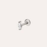 A Marquise Threadless Flat Back Titanium Cartilage Stud in Platinum PVD, featuring a round clear gemstone held by prongs, is displayed against a plain white background.