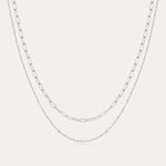 The Mini Paperclip Double Chain Necklace in Silver features two sterling silver layers: an upper chain with elongated oval links and a lower chain with smaller, closely connected links for a simple, elegant look.