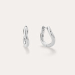 A pair of small, polished Nori Twisted Hoop Earrings in Silver with an infinity-like twist design, displayed on a light background. One sterling silver hoop faces front; the other is sideways to show the clasp.