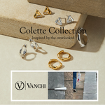 A display of gold and silver earrings on textured surfaces, with the Colette Link Droop Ring in Gold as a bold accent. Text reads: Colette Collection—Inspired by the overlooked. Below is the Vanchi logo and a sidewalk scene.