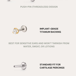 The 3mm Martini Set Threadless Flat Back Titanium Cartilage Stud in Platinum features minimalist, hypoallergenic design with a titanium backing and 1.2mm (16G), 6mm post length—perfect for cartilage piercings.