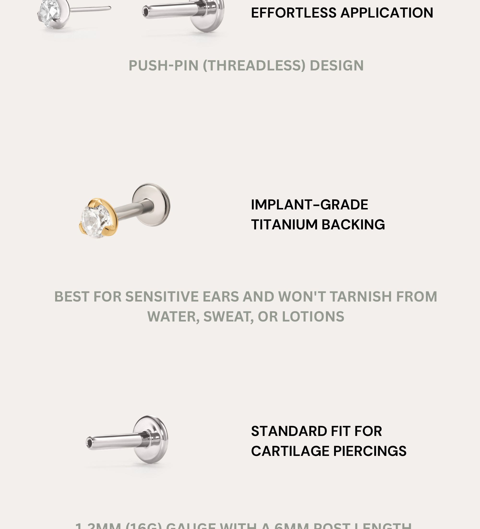 The 3mm Martini Set Threadless Flat Back Titanium Cartilage Stud in Platinum features minimalist, hypoallergenic design with a titanium backing and 1.2mm (16G), 6mm post length—perfect for cartilage piercings.