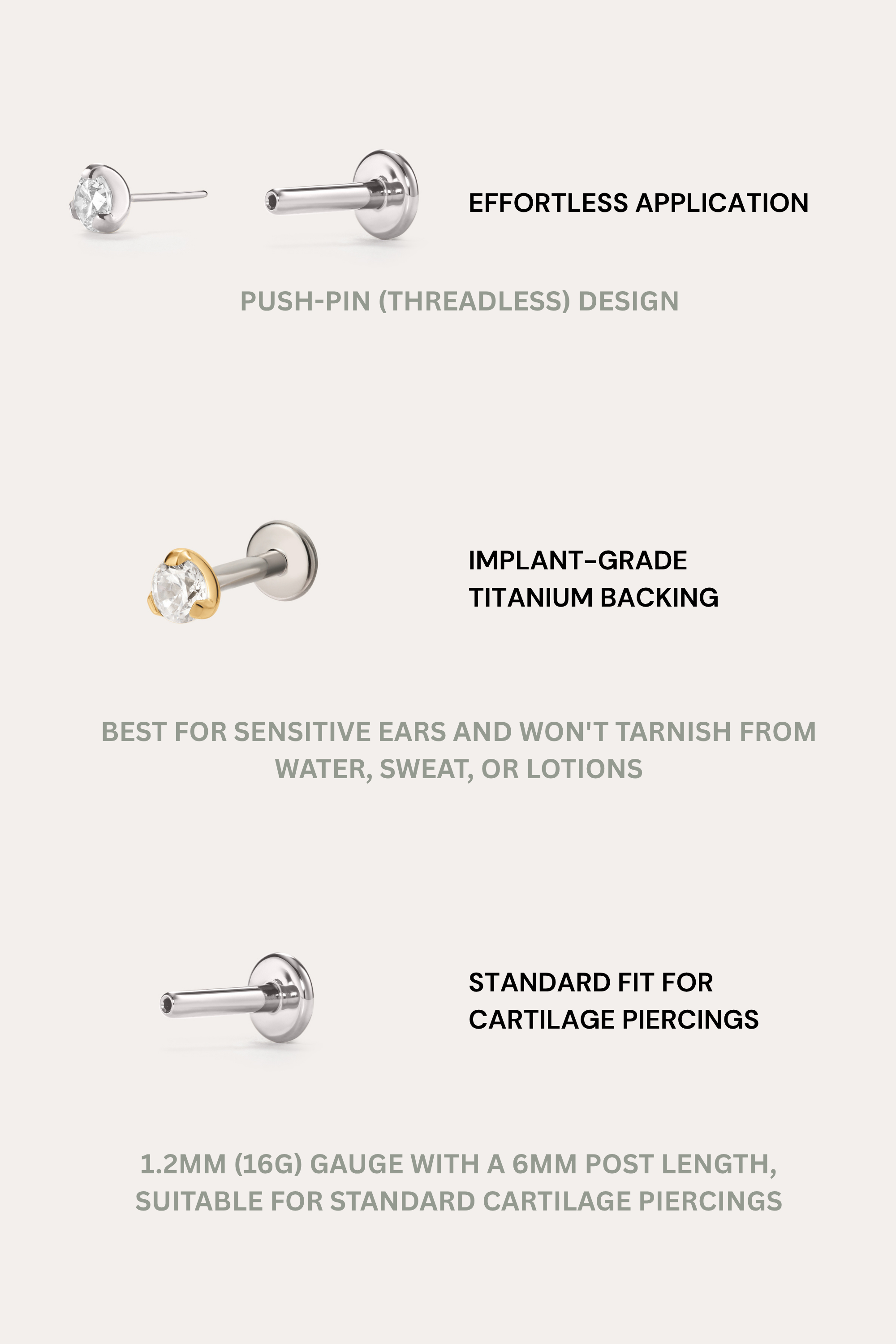 The 3mm Martini Set Threadless Flat Back Titanium Cartilage Stud in Platinum features minimalist, hypoallergenic design with a titanium backing and 1.2mm (16G), 6mm post length—perfect for cartilage piercings.
