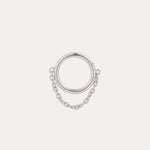 The Chain Clicker Titanium Ring in Platinum, featuring a platinum PVD hoop linked to a delicate chain, is elegantly showcased against a plain white background.