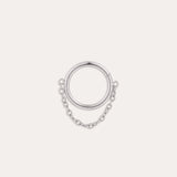 The Chain Clicker Titanium Ring in Platinum, featuring a platinum PVD hoop linked to a delicate chain, is elegantly showcased against a plain white background.