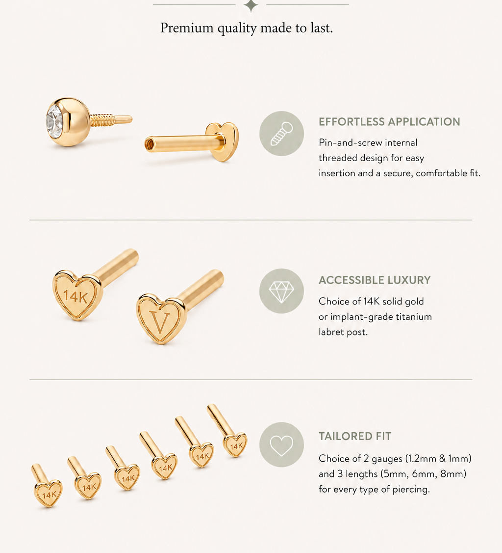 An infographic features the 14K Solid White Gold Lab-grown Diamond Lotus Flat Back Stud with effortless pin-and-screw design, hypoallergenic and water-resistant lotus flat back, durable build, premium quality, and multiple size options.