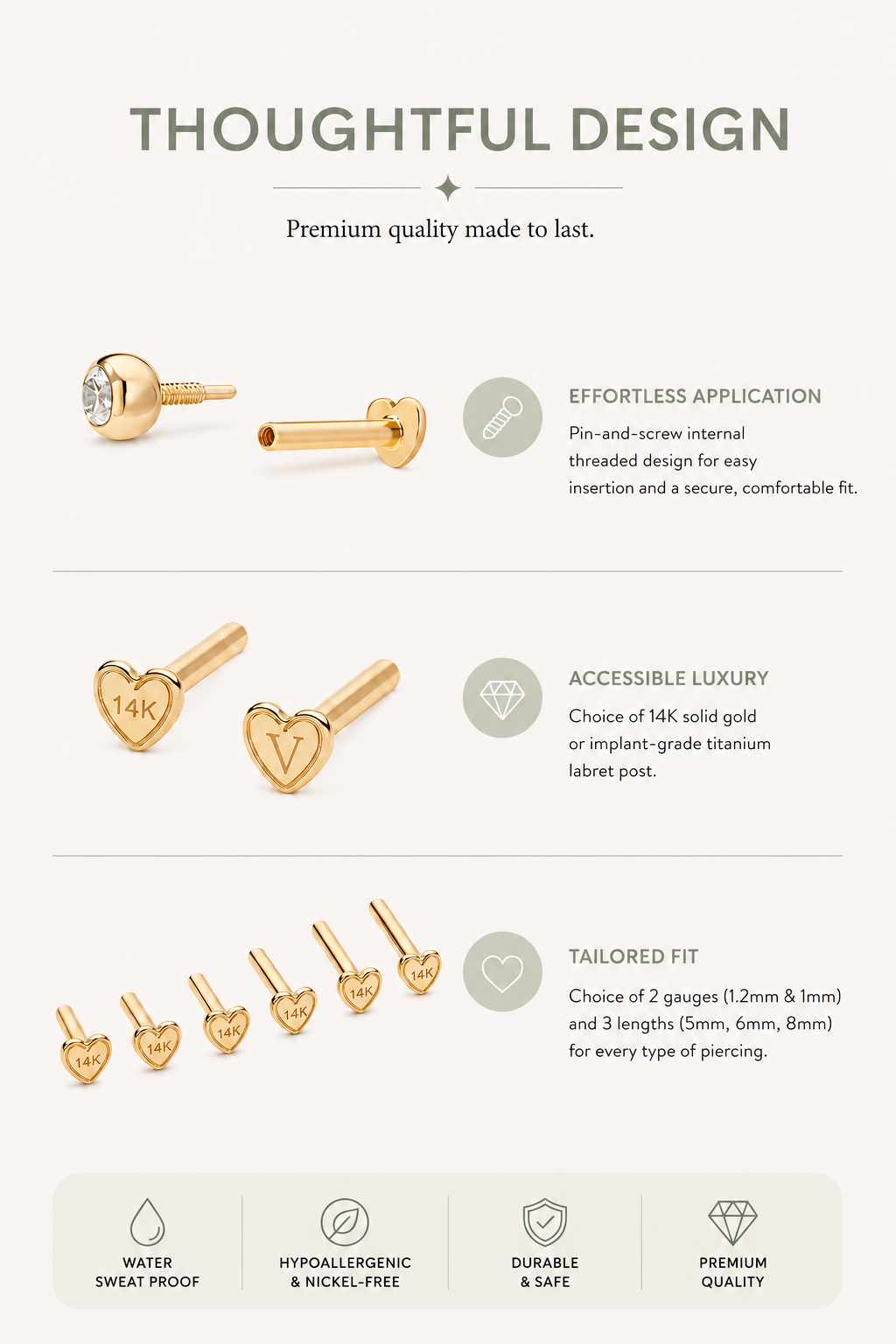 An infographic features the 14K Solid White Gold Lab-grown Diamond Lotus Flat Back Stud with effortless pin-and-screw design, hypoallergenic and water-resistant lotus flat back, durable build, premium quality, and multiple size options.