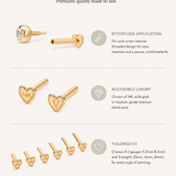 An infographic features the 14K Solid White Gold Lab-grown Diamond Lotus Flat Back Stud with effortless pin-and-screw design, hypoallergenic and water-resistant lotus flat back, durable build, premium quality, and multiple size options.