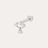 The 14K Solid White Gold Freda Lab-grown Diamond Flat Back Stud features three lab-grown diamonds in a row with a single dangling stone set in a triangle, shown against a plain white background.