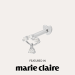 The 14K Solid White Gold Freda Lab-grown Diamond Flat Back Stud, featuring multiple sparkling stones, is displayed above the text “Featured in marie claire” on a light background.