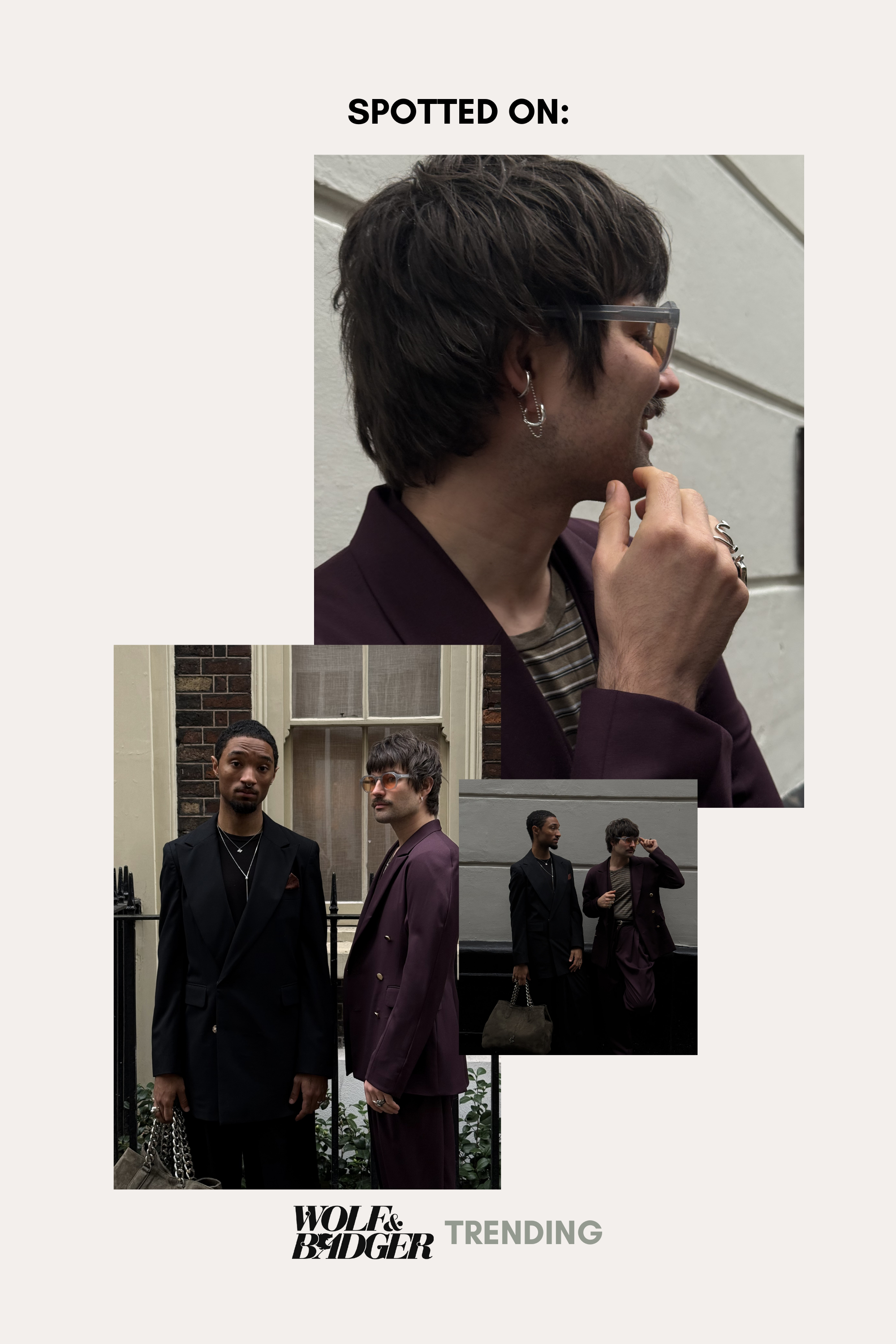 Two stylish men pose in tailored blazers; one wears a plum suit with sunglasses and Nori Twisted Hoop Earrings in Silver, the other sports a black blazer with a pocket square. Text reads: SPOTTED ON: WOLF & BADGER TRENDING.